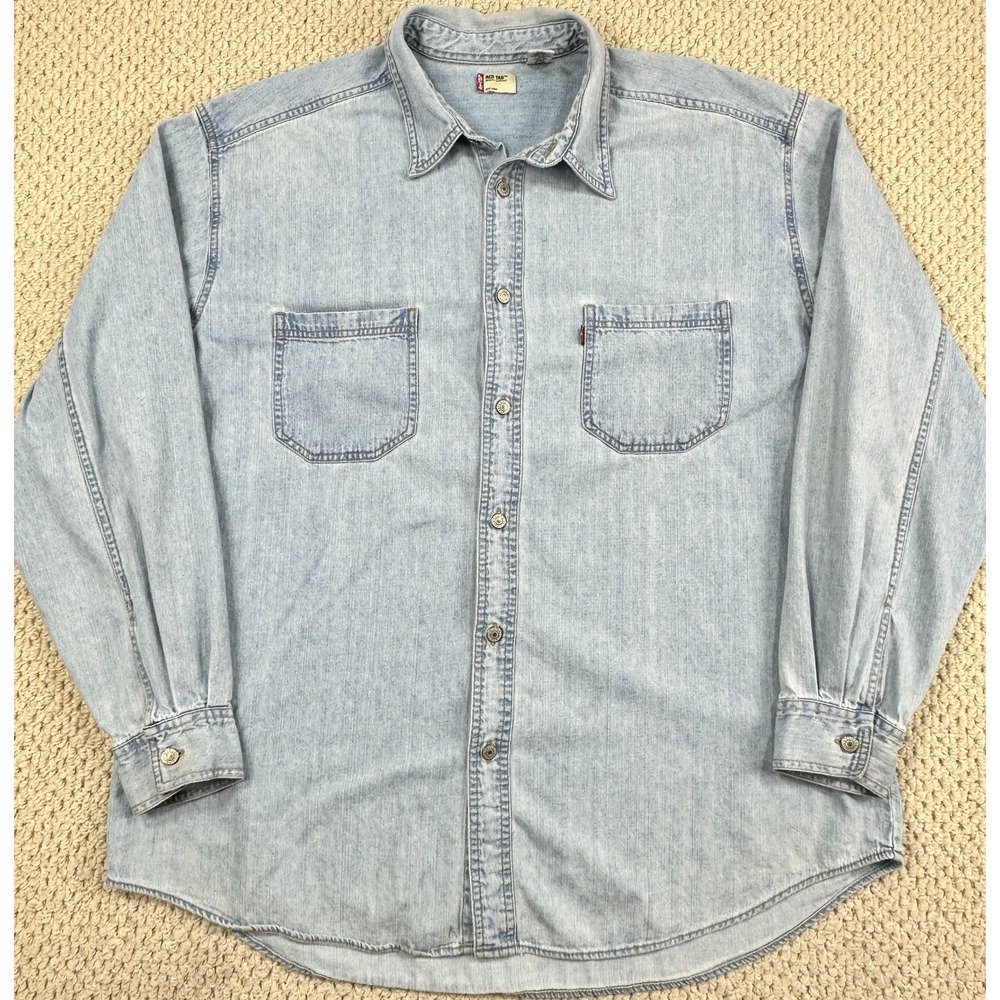 Vtg Levis Denim Shirt Mens XL Light Blue Faded Red Tab Metal Buttons Western Y2K